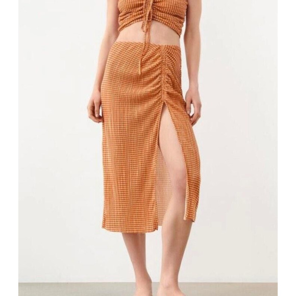 Zara Women Midi Straight Skirt Large Orange Gingham Ruched High Slit Stretch - Picture 2 of 10